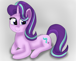 Size: 5000x4000 | Tagged: safe, artist:cloudmild, derpibooru import, starlight glimmer, pony, unicorn, g4, big eyes, cute, female, gray background, horn, mare, resting, simple background, smiling, solo