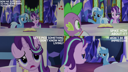 Size: 2000x1125 | Tagged: safe, derpibooru import, edit, edited screencap, editor:quoterific, screencap, spike, starlight glimmer, trixie, dragon, pony, unicorn, all bottled up, g4, season 7, book, cutie map, horn, trio, twilight's castle