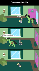 Size: 1920x3516 | Tagged: safe, artist:platinumdrop, derpibooru import, derpy hooves, oc, oc:anon, oc:anon stallion, pegasus, pony, comic:caretaker specials, series:caretaker, g4, -food, 3 panel comic, alone, annoyed, bag, blank flank, caretaker, comic, commission, crying, curtains, cute, dialogue, door, duo, ears, excited, female, filly, filly derpy, floppy ears, foal, food, front door, frown, furniture, home, ignoring, indoors, living room, looking at each other, looking at someone, looking down, male, muffin, open door, open mouth, painting, picture frame, room, sad, saddle bag, series, sitting, smiling, sofa, solo, speech bubble, spread wings, stallion, talking, tears of sadness, teary eyes, walking, window, wings, younger