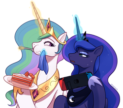 Size: 3307x2922 | Tagged: safe, artist:maren, derpibooru import, princess celestia, princess luna, alicorn, pony, g4, cake, commission, duo, eating, eyeshadow, female, food, fork, glowing, glowing horn, hoof shoes, horn, jewelry, makeup, mare, nintendo switch, open mouth, plate, regalia, royal sisters, siblings, simple background, sisters, white background