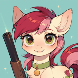 Size: 1024x1024 | Tagged: safe, ai content, derpibooru import, generator:pony diffusion v6 xl, generator:stable diffusion, machine learning generated, roseluck, pony, g4, collar, cute, fangs, fluffy, gun, looking at you, pet tag, pony pet, prompter:doom9454, rosepet, shotgun, weapon