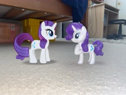 Size: 4032x3024 | Tagged: safe, derpibooru import, rarity, unicorn, g4, 3d, 3d model, augmented reality, chair, desk, duality, floor, gameloft, horn, irl, looking at each other, looking at someone, my little pony: magic princess, photo, self paradox