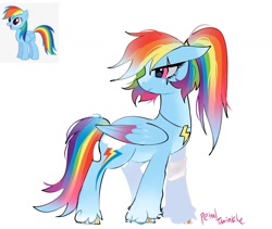 Size: 1440x1214 | Tagged: safe, artist:petaltwinkle, derpibooru import, rainbow dash, pegasus, pony, g4, alternate design, alternate hairstyle, alternate mane color, alternate tail color, blaze (coat marking), blue coat, coat markings, colored belly, colored eartips, colored hooves, colored wings, colored wingtips, ears back, eye scar, eyelashes, facial markings, facial scar, female, folded wings, frown, gradient wings, jewelry, long mane, long tail, mare, multicolored hair, multicolored mane, multicolored tail, narrowed eyes, necklace, pale belly, pink eyes, ponytail, profile, rainbow dash is not amused, rainbow hair, rainbow tail, scar, shiny eyes, signature, simple background, socks (coat marking), solo, standing, tail, tied mane, two toned wings, unamused, unshorn fetlocks, vector, white background, wingding eyes, wings