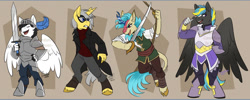 Size: 1280x512 | Tagged: safe, artist:cosmalumi, derpibooru import, oc, oc only, anthro, kirin, pegasus, unguligrade anthro, unicorn, horn, kirin oc, pegasus oc, solo, unicorn oc