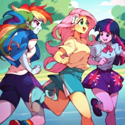Size: 1024x1024 | Tagged: safe, ai content, derpibooru import, machine learning generated, fluttershy, rainbow dash, twilight sparkle, human, equestria girls, g4, anatomically incorrect, breasts, clothes, cutie mark on clothes, extra legs, female, incorrect leg anatomy, prompter needed, running, skirt, trio, trio female