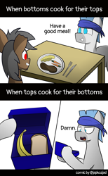 Size: 4120x6682 | Tagged: safe, artist:japkozjad, derpibooru import, oc, oc only, oc:hammerhead, oc:long shores, pony, angry, banana, bread, carrot, comic, food, fork, happy, knife, lunchbox, male, mashed potatoes, meat, plate, pony oc, potato, simple background, smiling, stallion, text, white background