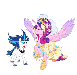 Size: 1600x1577 | Tagged: safe, artist:nazalik, derpibooru import, princess cadance, shining armor, alicorn, pony, unicorn, g4, blushing, bowtie, clothes, colored wings, dress, duo, eyes closed, female, gradient wings, heart, heart eyes, height difference, horn, horn ring, horns, jewelry, looking at each other, looking at someone, makeup, male, meme, messy mane, missing cutie mark, ring, ruffles, shine, shiningcadance, shipping, simple background, smiling, smiling at each other, spread wings, straight, suit, the bride and the ugly ass groom, toy interpretation, transparent background, unshorn fetlocks, veil, wedding dress, wedding rings, wedding veil, wingding eyes, wings