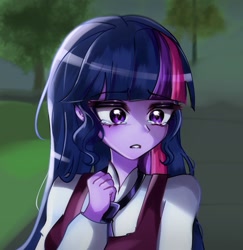 Size: 1758x1811 | Tagged: safe, artist:pulse, derpibooru import, sci-twi, twilight sparkle, human, equestria girls, friendship games, g4, clothes, crying, crystal prep academy uniform, female, missing accessory, sad, scene interpretation, school uniform, solo