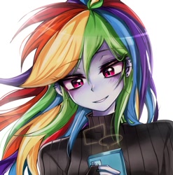 Size: 1012x1024 | Tagged: safe, artist:pulse, derpibooru import, rainbow dash, human, equestria girls, g4, cellphone, clothes, female, phone, simple background, smiling, solo, sweater, turtleneck, turtleneck sweater, white background