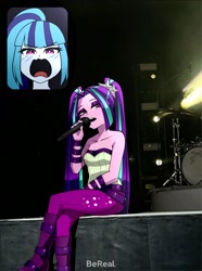 Size: 1411x1898 | Tagged: safe, artist:nekojackun, derpibooru import, aria blaze, sonata dusk, human, equestria girls, g4, 2d, bangs, bare shoulders, bereal., blushing, boots, crossed legs, drum kit, drums, duo, duo female, eyeshadow, female, makeup, meme, microphone, musical instrument, open mouth, pigtails, ponytail, screaming, screaming fan meme, shoes, singing, strapless, twintails