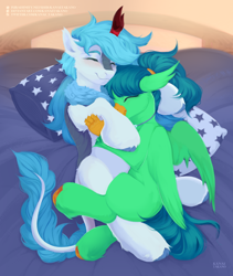 Size: 2536x3000 | Tagged: safe, artist:kanaetakano, artist:syu, derpibooru import, oc, oc only, oc:crystal rain, oc:frost flare, hippogriff, kirin, pony, beak, bed, bedframe, bedroom, chest fluff, claws, cozy, cute, dawn, duo, ear fluff, ears, eyes closed, fluffy, folded wings, high res, hippogriff oc, hooves, hug, hugging a pony, kirin oc, looking at each other, looking at someone, lying down, pillow, ponytail, relaxing, smiling, smiling at each other, snuggling, stars, sunset, wings