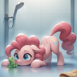 Size: 1024x1024 | Tagged: safe, ai content, derpibooru exclusive, derpibooru import, generator:stable diffusion, machine learning generated, gummy, pinkie pie, alligator, earth pony, pony, g4, :3, cute, diapinkes, duo, ears back, face down ass up, female, generator:bluefox mix, looking at each other, looking at someone, male, mare, prompter:adorablebluefox, shower, sitting, smiling, soap, towel