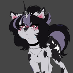 Size: 4680x4680 | Tagged: safe, artist:toxikil, derpibooru import, oc, oc:blitz chord, pony, unicorn, blushing, choker, coat markings, crying, ear piercing, earring, facial markings, freckles, horn, horn ring, industrial piercing, jewelry, necklace, nose piercing, piercing, ring, septum piercing, spotted, tail, tail ring, teary eyes, two toned mane, wingding eyes