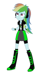 Size: 3300x5500 | Tagged: safe, artist:machakar52, derpibooru import, rainbow dash, human, equestria girls, g4, alternate cutie mark, alternate universe, boots, bracelet, clothes, cutie mark on clothes, elements of insanity, frown, jacket, jewelry, rainbine, rainbine ears, rainbow dash's boots, shirt, shoes, simple background, skirt, socks, solo, transparent background