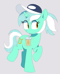 Size: 1467x1803 | Tagged: safe, artist:spoonie, derpibooru import, lyra heartstrings, pony, unicorn, g4, alternate hairstyle, baseball cap, cap, drink, gray background, hat, horn, oat smoothie, ponytail, simple background, solo