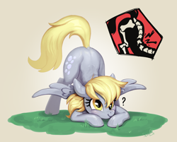 Size: 1380x1107 | Tagged: safe, artist:sunbusting, derpibooru import, derpy hooves, pegasus, pony, g4, broken spine, clueless, face down ass up, grass, injured, jack-o challenge, meme, ouch, question mark, simple background, solo, spinal cord, x-ray