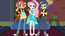 Size: 1147x645 | Tagged: safe, artist:richardchibbard, derpibooru import, fluttershy, sunset shimmer, oc, oc:flare spark, better together, equestria girls, g4, game stream, clothes, converse, crossed arms, female, gamer sunset, hand on hip, headphones, shoes, sneakers, sunset's apartment, trio, trio female