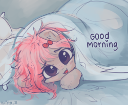 Size: 2100x1733 | Tagged: safe, artist:krista-21, derpibooru import, oc, oc only, oc:krista pebble, earth pony, pony, bed hair, bed mane, bedroom eyes, blushing, bow, cute, female, freckles, good morning, hiding, lying down, messy mane, morning ponies, open mouth, open smile, pillow, smiling, solo, squishy cheeks