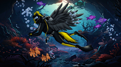 Size: 2048x1139 | Tagged: artist needed, safe, derpibooru import, oc, oc only, oc:shadow whip, anthro, fish, pegasus, bubble, castle, coral, coral reef, crepuscular rays, digital art, dive mask, diving, diving suit, dorsal fin, feather, fin, fins, fish tail, flippers (gear), flowing mane, flowing tail, goggles, high res, ocean, oxygen mask, oxygen tank, reef, rock, scales, scenery, scenery porn, scuba diving, scuba gear, seaweed, solo, spread wings, sunlight, swimming, tail, underwater, water, wings
