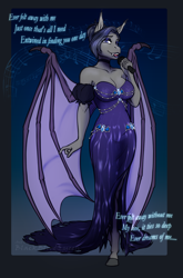 Size: 2191x3316 | Tagged: safe, artist:blackblood-queen, oc, oc only, oc:salem sonata, anthro, bat pony, unguligrade anthro, anthro oc, bat pony oc, bat wings, breasts, busty oc, choker, cleavage, clothes, commission, dialogue, digital art, dress, eyeshadow, female, jewelry, lipstick, looking at you, makeup, microphone, singing, solo, wings