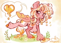 Size: 3500x2500 | Tagged: safe, artist:applepums, derpibooru import, oc, oc only, oc:eggy custard, pegasus, pony, abstract background, big ears, big eyes, chest fluff, colored hooves, colored pinnae, colored wings, colored wingtips, commission, cute, daisy (flower), ear freckles, ears, egg, egg yolk, emanata, eye clipping through hair, eyebrows, eyebrows visible through hair, eyelashes, female, fern, flower, freckles, goo mane, goo tail, grass, heart, high res, long mane, long tail, mare, motion lines, ocbetes, partially open wings, pegasus oc, pink coat, pink eyes, plewds, ponytail, raised eyebrow, raised hoof, raised leg, shiny mane, shiny tail, signature, smiling, solo, speech bubble, standing, sweat, sweatdrops, tail, tied mane, two toned mane, two toned tail, two toned wings, unshorn fetlocks, walking, wingding eyes, wings