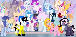 Size: 1080x536 | Tagged: safe, derpibooru import, oc, oc:altersmay earth, oc:crystal snow, oc:laura orchid, oc:shadow lily, alicorn, pegasus, pony, unicorn, accessory, alicorn oc, beard, bow, colored hooves, colored wings, crystal empire, ear piercing, eyes closed, facial hair, female, filly, flying, foal, glasses, grin, group, group picture, hair bow, hair covering face, happy, hat, hoof on chest, horn, looking at each other, looking at someone, looking up, male, mare, open mouth, pegasus oc, piercing, planet ponies, ponified, round glasses, shipping, smiling, species swap, unicorn oc, unnamed oc, wings