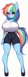 Size: 376x1024 | Tagged: safe, ai content, derpibooru import, machine learning generated, rainbow dash, anthro, g4, adorasexy, big breasts, blushing, breasts, clothes, curvy, cute, female, high heels, hourglass figure, huge breasts, looking at you, prompter:horselover fat, sexy, shoes, shorts, shortstack, shy, simple background, solo, standing, white background, white shirt, wingless, wingless anthro