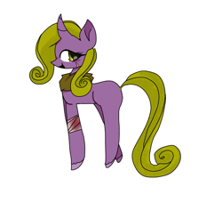 Size: 967x951 | Tagged: safe, artist:trixxiefloof, derpibooru import, oc, oc only, pony, unicorn, bandage, bandana, green eyes, green hair, horn, purple body, simple background, solo, unnamed oc, white background