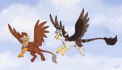 Size: 2256x1302 | Tagged: safe, artist:rutkotka, derpibooru import, edit, oc, oc only, oc:ospreay, oc:peregrine, griffon, beak, blue eyes, cloud, coat markings, commission, cute, duo, golden eyes, hair, happy, looking at each other, looking at someone, sketch, sky, smiling, smiling at each other, tail, watermark, wholesome, wings