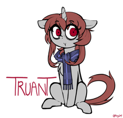 Size: 1920x1840 | Tagged: safe, artist:fullmetalpikmin, derpibooru import, oc, oc only, pony, unicorn, bags under eyes, clothes, horn, red eyes, scarf, simple background, solo, striped scarf, unicorn oc, white background