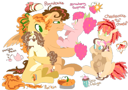 Size: 2200x1544 | Tagged: safe, artist:universalheart, derpibooru import, li'l cheese, pound cake, pumpkin cake, oc, oc:coco delight, oc:strawberry surprise, oc:vanilla bean, earth pony, pegasus, pony, unicorn, g4, alternate design, alternate name, bow, female, filly, flower, flower in hair, foal, freckles, hair bow, holding a pony, horn, male, mare, name, no pupils, offspring, older, older pound cake, older pumpkin cake, parent:cheese sandwich, parent:pinkie pie, parents:cheesepie, simple background, stallion, transparent background, triplets