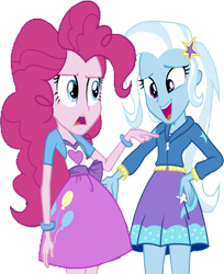 Size: 2052x2520 | Tagged: safe, derpibooru import, edit, edited screencap, editor:homersimpson1983, screencap, pinkie pie, trixie, human, equestria girls, g4, arms, background removed, bracelet, breasts, bust, clothes, duo, duo female, female, fingers, hairpin, hand, hoodie, jewelry, legs, long hair, long sleeves, not a vector, open frown, open mouth, open smile, pointing, shirt, short sleeves, simple background, skirt, smiling, standing, talking, teenager, teeth, top, transparent background, vest, wrong aspect ratio