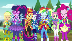 Size: 1280x720 | Tagged: safe, derpibooru import, screencap, applejack, fluttershy, pinkie pie, rainbow dash, rarity, sci-twi, spike, spike the regular dog, sunset shimmer, twilight sparkle, dog, human, equestria girls, g4, legend of everfree, female, holding a dog, humane five, humane seven, humane six, jewelry, male, tiara