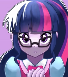 Size: 3641x4096 | Tagged: safe, artist:gunim8ed, derpibooru import, twilight sparkle, human, equestria girls, g4, bowtie, female, glasses, pink background, simple background, solo