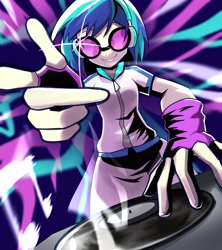 Size: 3641x4096 | Tagged: safe, artist:gunim8ed, derpibooru import, dj pon-3, vinyl scratch, human, equestria girls, g4, abstract background, clothes, female, fingerless gloves, gloves, headphones, solo, turntable, vinyl's glasses