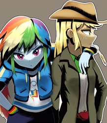 Size: 3574x4096 | Tagged: safe, artist:gunim8ed, derpibooru import, applejack, rainbow dash, human, g4, appledash, applejack's hat, brown background, clothes, cowboy hat, duo, duo female, female, freckles, hat, hoodie, lesbian, looking at you, shipping, simple background, straw in mouth