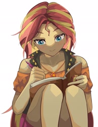 Size: 1593x2048 | Tagged: safe, artist:gunim8ed, derpibooru import, sunset shimmer, human, equestria girls, g4, blushing, female, jewelry, necklace, notebook, pen, simple background, solo, white background, writing