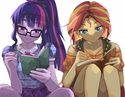 Size: 2048x1593 | Tagged: safe, artist:gunim8ed, derpibooru import, sci-twi, sunset shimmer, twilight sparkle, human, equestria girls, g4, blushing, bowtie, clothes, duo, duo female, female, glasses, jewelry, lesbian, necklace, notebook, pencil, ponytail, sci-twishimmer, shipping, simple background, skirt, sunsetsparkle, white background, writing