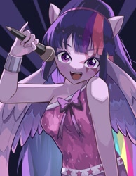 Size: 1593x2048 | Tagged: safe, artist:gunim8ed, derpibooru import, twilight sparkle, human, g4, abstract background, bare shoulders, blushing, bracelet, eyebrows, eyebrows visible through hair, female, jewelry, microphone, ponied up, pony ears, sleeveless, solo, wings