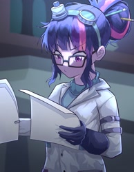 Size: 3186x4096 | Tagged: safe, artist:gunim8ed, derpibooru import, sci-twi, twilight sparkle, human, equestria girls, g4, blushing, clothes, female, glasses, goggles, goggles on head, lab coat, reading, solo