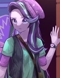 Size: 3186x4096 | Tagged: safe, artist:gunim8ed, derpibooru import, starlight glimmer, human, equestria girls, g4, bag, beanie, female, hat, solo, watch, wristwatch