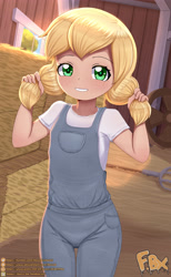 Size: 2480x4016 | Tagged: safe, artist:focusb, derpibooru import, applejack, human, g4, barn, clothes, cute, female, freckles, hay bale, humanized, jackabetes, looking at you, overalls, pigtails, pitchfork, solo, younger