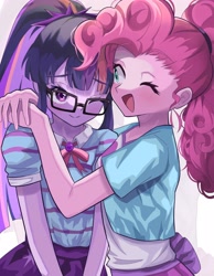 Size: 3186x4096 | Tagged: safe, artist:gunim8ed, derpibooru import, pinkie pie, sci-twi, twilight sparkle, human, equestria girls, g4, blushing, bowtie, duo, duo female, female, glasses, hug, lesbian, one eye closed, shipping, twinkie