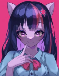 Size: 3186x4096 | Tagged: safe, artist:gunim8ed, derpibooru import, twilight sparkle, equestria girls, g4, bowtie, female, pink background, ponied up, pony ears, simple background, solo, starry eyes, wingding eyes