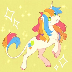 Size: 3000x3000 | Tagged: safe, artist:daffidaizy, derpibooru import, oc, oc only, oc:flower power, pony, unicorn, abstract background, cloven hooves, female, freckles, horn, leonine tail, mare, solo, tail