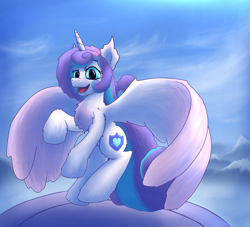 Size: 2200x2000 | Tagged: safe, artist:gosha305, derpibooru import, princess flurry heart, alicorn, pony, g4, chest fluff, crystal empire, cute, ear fluff, ears, female, fluffy, flying, full body, horn, landing, large wings, looking at you, mare, mountain, open mouth, sky background, smiling, solo, spread wings, wings