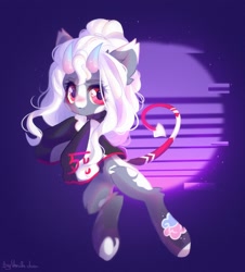 Size: 1950x2160 | Tagged: safe, artist:vanilla-chan, derpibooru import, oc, oc only, pony, abstract background, clothes, devil tail, ear fluff, ears, female, horns, jacket, mare, solo, tail