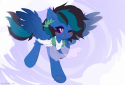 Size: 2048x1392 | Tagged: safe, artist:vanilla-chan, derpibooru import, oc, oc only, pegasus, pony, blushing, clothes, flying, laurel wreath, one eye closed, solo, spread wings, wings