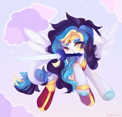 Size: 2048x1966 | Tagged: safe, artist:vanilla-chan, derpibooru import, oc, oc only, pegasus, pony, circlet, clothes, commission, female, flying, leonine tail, mare, mouth hold, solo, sword, tail, weapon
