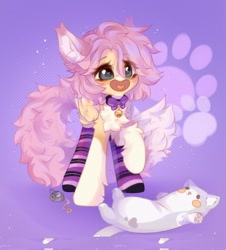 Size: 980x1082 | Tagged: safe, artist:vanilla-chan, derpibooru import, oc, oc only, pegasus, pony, abstract background, bell, bell collar, bowtie, chest fluff, collar, ear fluff, ears, female, heart, heart eyes, mare, open mouth, plushie, solo, wingding eyes